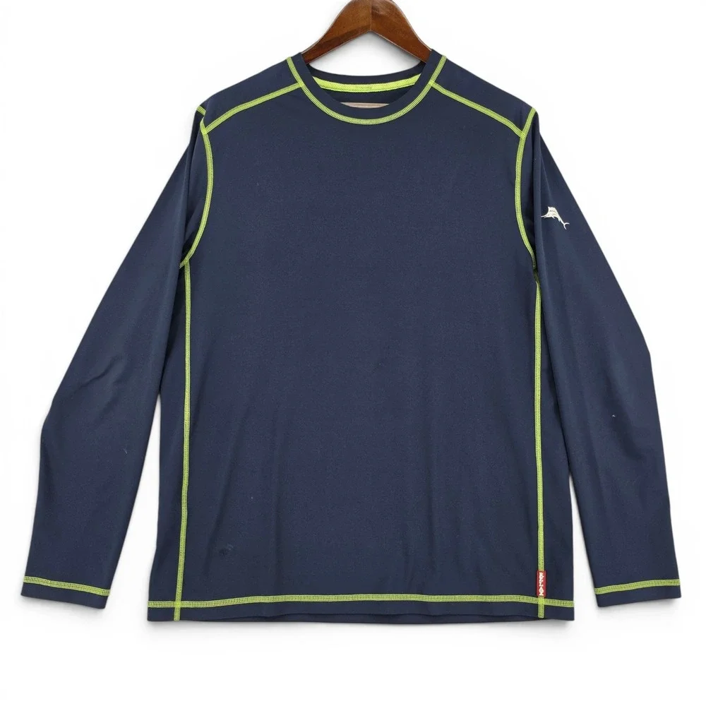 Tommy Bahama Relax L UV Tech Rash Guard Swim Shirt Navy Lime‎ UPF 30 EUC Mens
